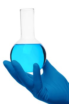 Scientist fingers holding a glass test tube in a research lab on white