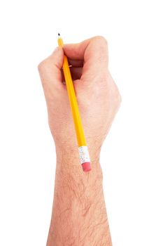 man's hand with the pencil isolated on white background