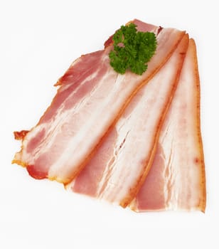  tasty sliced pork bacon on white background 