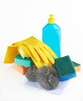 Assortment of means for cleaning on white