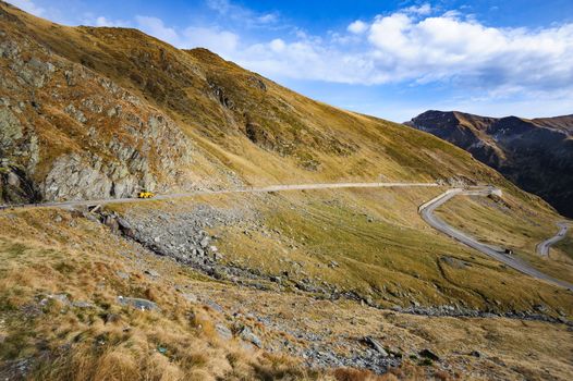 View to Transfagarasan road. It is a paved mountain road crossing the southern section of the Carpathian Mountains of Romania. It has national-road ranking and is the second-highest paved road in the country after the Transalpina.