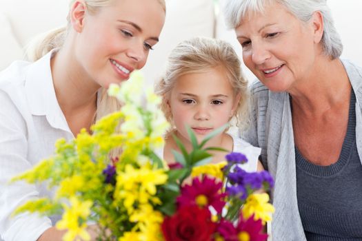 Radiant family with flowers at home