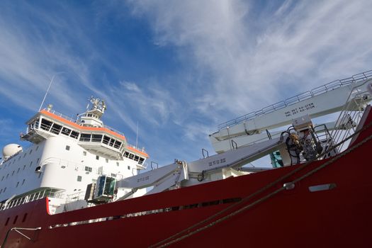 A view of the foredeck cranes and ships bridge of an Arctic research vessel, Cape Town, South Africa