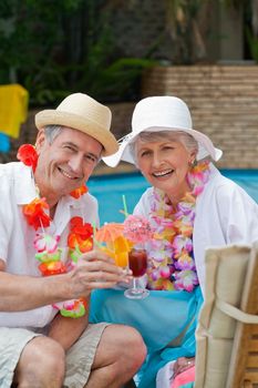 Happy senior couple drinking cocktail and toasting each other 