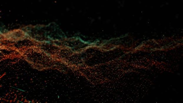 Plexus of abstract orange and green dots on a black background. Loop animations. 3D illustration