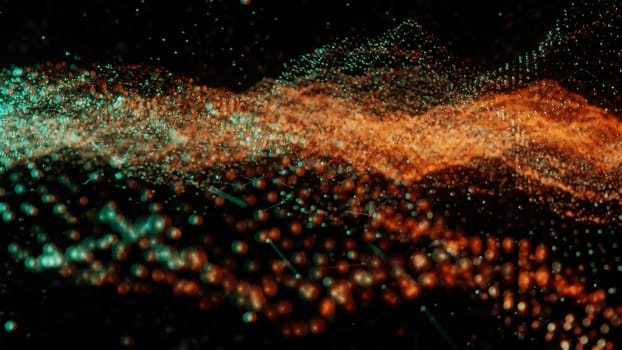 Plexus of abstract orange and green dots on a black background. Loop animations. 3D illustration