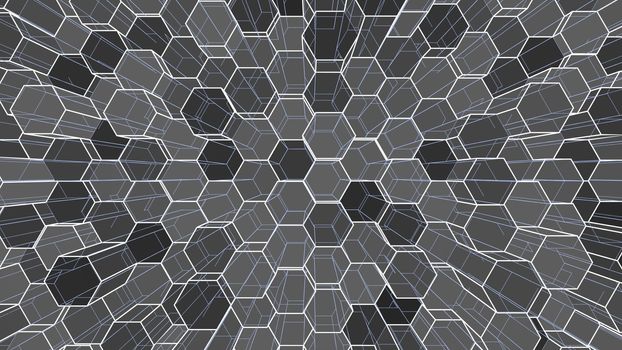 Abstract background of colorful outline hexagons. 3D illustration. Wire-frame style.