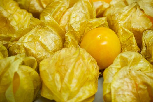 Closeup cape gooseberry on wooden table. Concept of health care or herb.