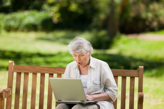 Mature woman working on her laptop on the bench