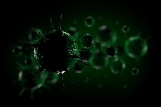 3d rendering Microscope virus close up. 3d illustration viruses causing infectious diseases, decreased immunity example Hepatitis, H1N1, HIV, FLU, AIDS. oncept of viral disease.