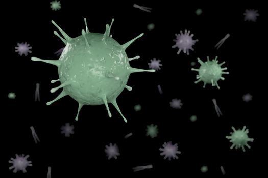 3d rendering Microscope virus close up. 3d illustration viruses causing infectious diseases, decreased immunity example Hepatitis, H1N1, HIV, FLU, AIDS. oncept of viral disease.