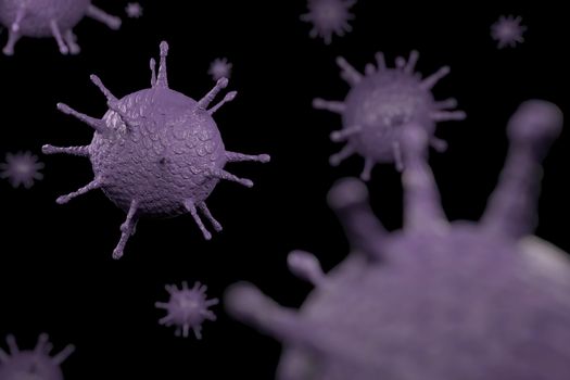 3d rendering Microscope virus close up. 3d illustration viruses causing infectious diseases, decreased immunity example Hepatitis, H1N1, HIV, FLU, AIDS. oncept of viral disease.