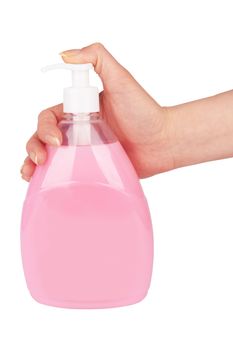 Plastic bottle with liquid soap on a white background 