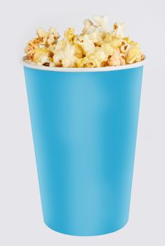 blue tall bowl with popcorn isolated on white 