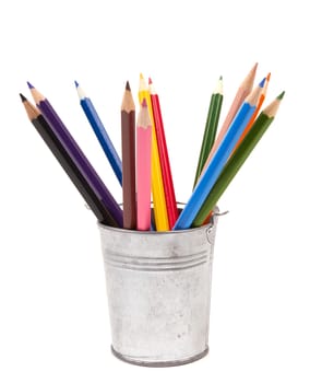 Colorful pencils in pail isolated on white background