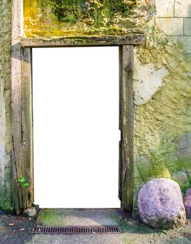 wooden frame in a stone castle wall with the door cut out to put whatever you like