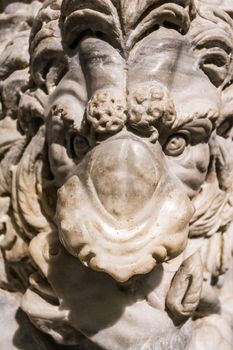 Rome, Italy - September 1, 2017: Close-up of Ancient sarcophagus bas-relief in the baths of Diocletian in Rome. Italy