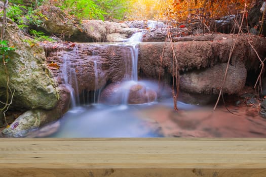 Wood for foreground on Erawan waterfall in the morning of Kanchanaburi, Thailand