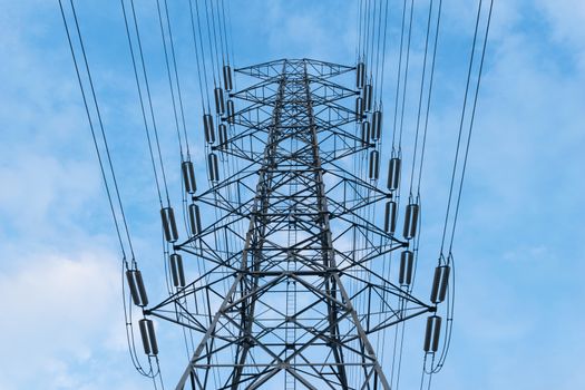transmission High voltage electricity pylon with blue sky background