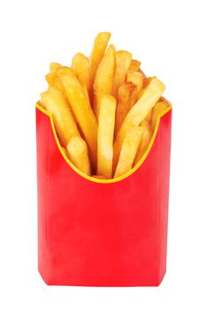 French fries in a red carton box isolated on white 