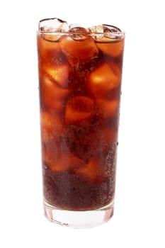 Photo of fizzy sweet water in a glass with ice cubes, isolated on a white background