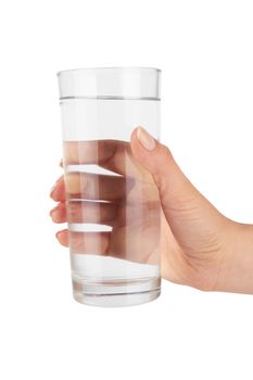 Woman hand with glass of water isolated on white background 