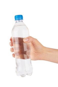 Woman hand with bottle of water isolated on white background 