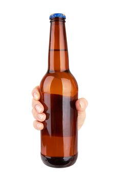 hand holding a grown beer bottle without label isolated on white background 