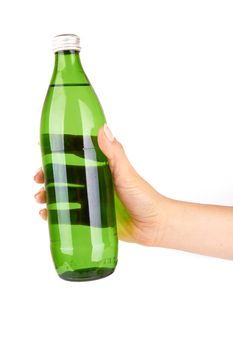 Hand holding a bottle of water isolated on white background 