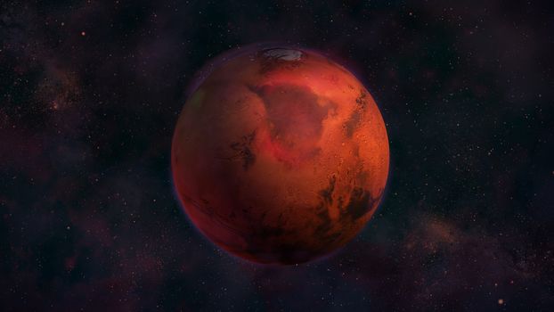 Realistic Mars from space showing Mare Acidalium. Red planet in the starry sky.