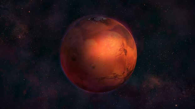 Realistic Mars from space showing Tharsis Montes. Red planet in the starry sky.