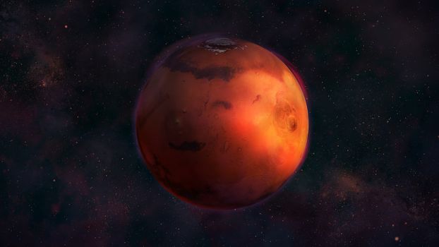Realistic Mars from space showing Elysium Mons and Olympus Mons. Red planet in the starry sky.