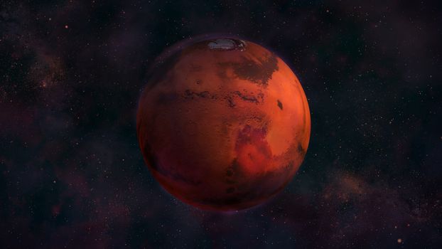 Realistic Mars from space showing Syrtis Major. Red planet in the starry sky.