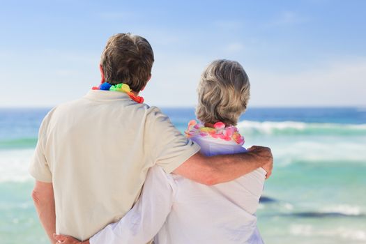 Enamored couple looking at the sea