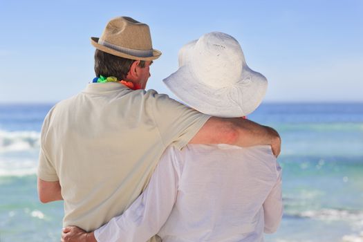 Enamored couple looking at the sea