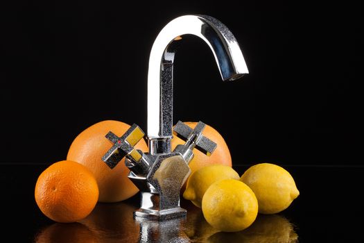 Metal chromium-plated mixer for wwater on a studio background