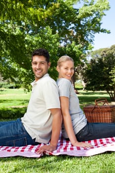 Lovers picnicking in the park during the summer