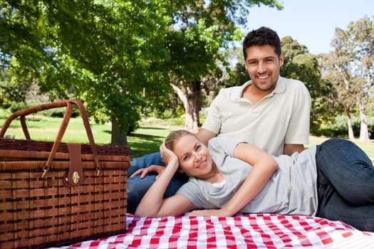 Lovers picnicking in the park during the summer