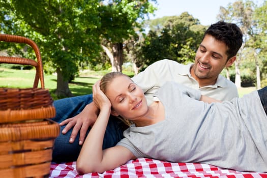 Couple picnicking in the park during the summer