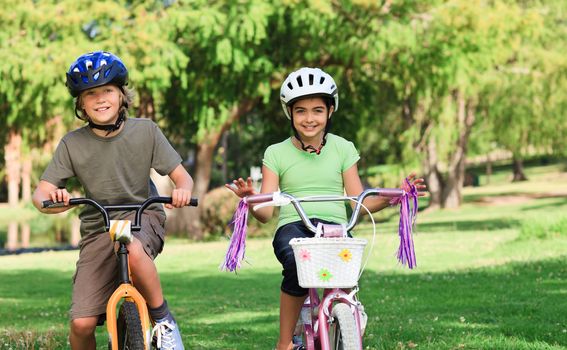 Brother and sister with their bikes during the summer