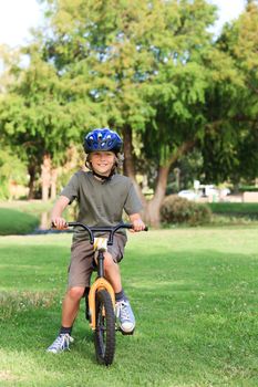 Little boy with his bike during the summer in a park