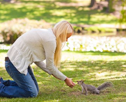 Beautiful woman with a squirrel during the summer 