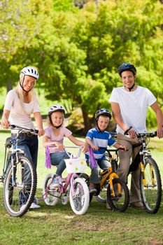 Family in the park with their bikes during the summer 