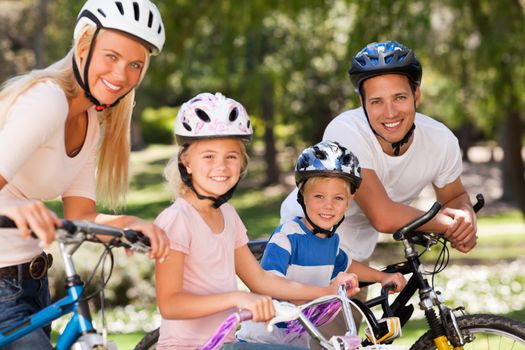 Family in the park with their bikes during the summer 