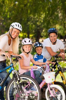 Family in the park with their bikes during the summer 