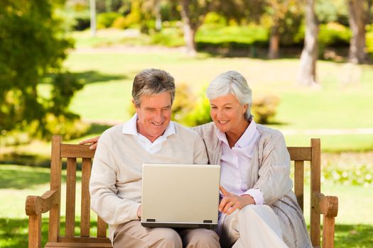 Couple working on their laptop sitting in the park during the summer 