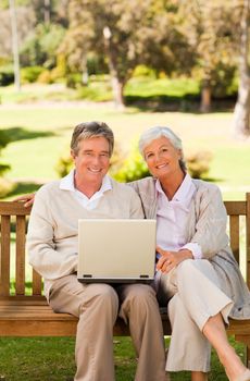 Couple working on their laptop sitting in the park