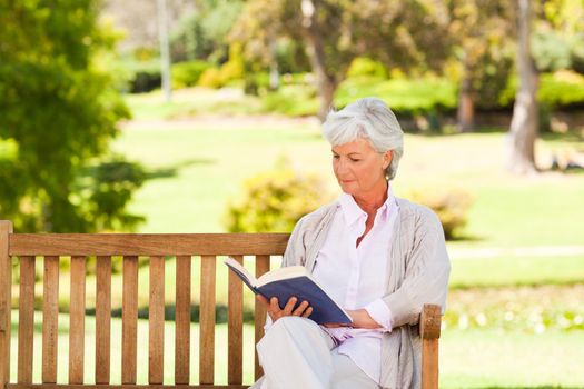 Retired woman reading a book during the summer 