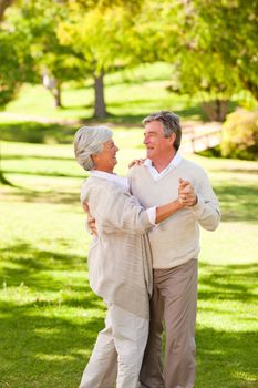 Mature couple dancing in the park during the summer