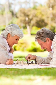 Retired couple playing chess in a park
